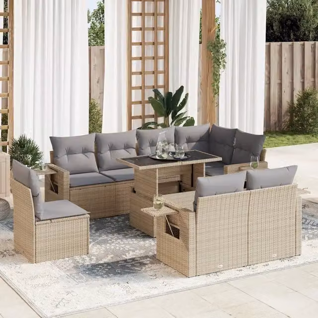 Set Divano da Giardino vidaXL a forma a U composto da 9 pezzi con Cuscini Beige e Grigio in Polyrattan e Acciaio