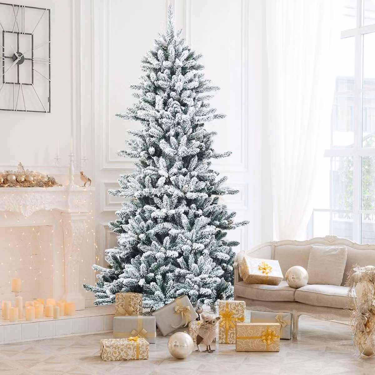 COSTWAY 210cm albero di Natale artificiale a matita con pigne, albero di Natale innevato con supporto in metallo, albero di Natale 1108 aghi di pizzo in PVC, albero artificiale di Natale sistema pieghevole