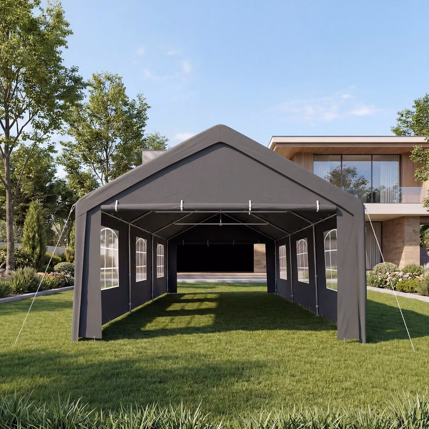 Gazebo da giardino Tectake con pareti laterali e finestre, grigio, L: 600 cm, P: 400 cm, H: 310 cm – 2