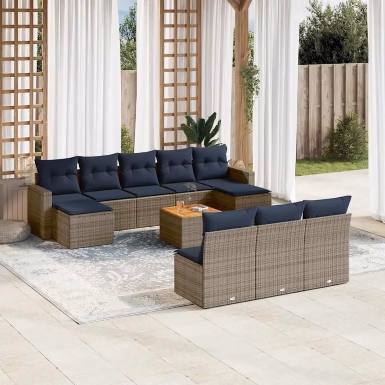Set di divani da giardino vidaXL in polyrattan grigio con cuscini, forma a U e struttura in metallo per esterno