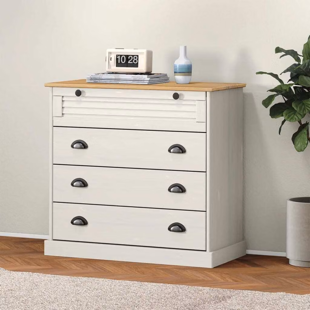 The Living Store Cassettiera VIGO White 80x40x76 cm in legno di pino massiccio
