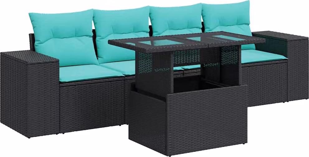 Set Divani da Giardino 5 pz con Cuscini Nero Polyrattan Acacia