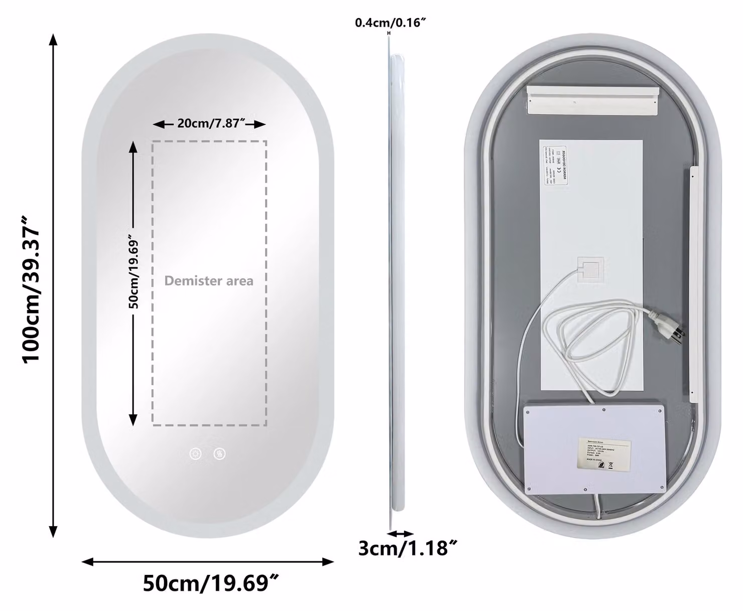 Specchio da bagno a LED - Specchio a parete ovale illuminato - Con dimmer, antiappannamento, senza cornice - Specchio per il trucco 100x50 cm