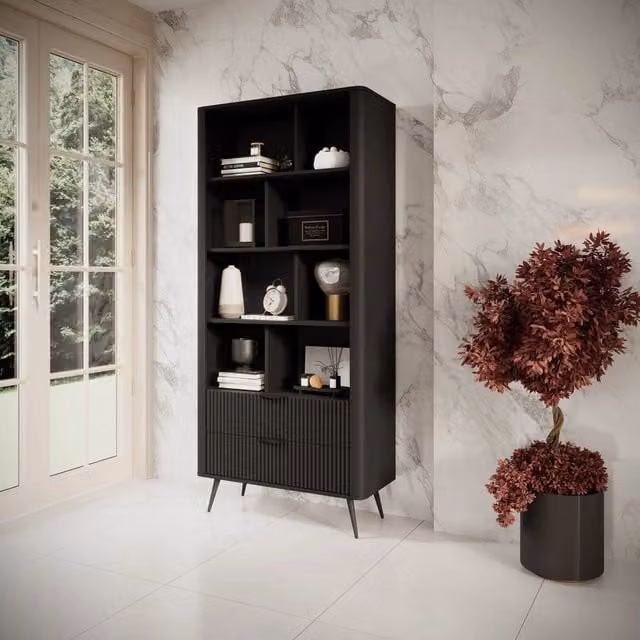 Libreria Kabavasi DMORA con 2 cassetti, colore nero, L 88 cm x P 38 cm x H 194 cm