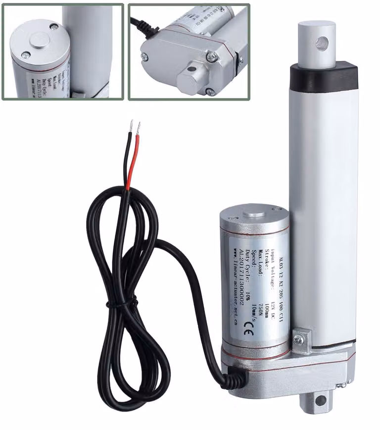 Attuatore lineare 750N, corsa di 100 mm, alimentazione DC 12 V, funzionamento silenzioso