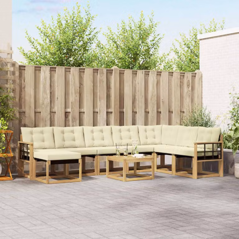 vidaXL Set di divani da esterno 9 pz a forma di U in legno di acacia con cuscini Bianco, Beige e Marrone