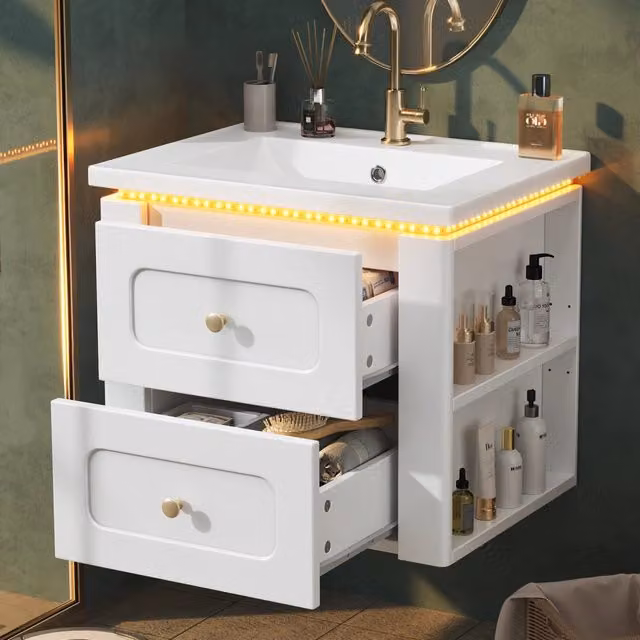 Mobile bagno sospeso 61 cm con 2 cassetti; MDF bianco lucido; lavabo in ceramica e LED per bagno moderno