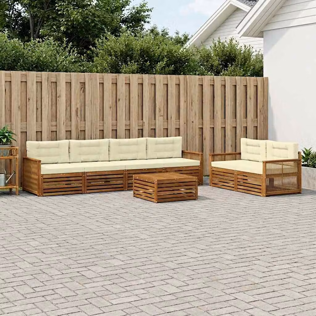 Set di divani da esterno vidaXL 7 pz in legno di acacia con cuscini, colore beige, bianco e marrone