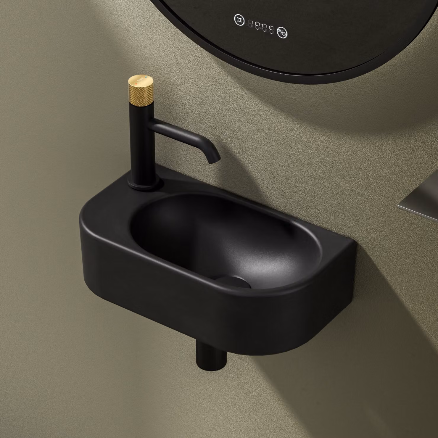 EMKE Lavabo angolare a parete - Lavabo rettangolare piccolo da appoggio in Vetroceramica 400 x 215 x 120 mm con foro per rubinetto a sinistra Nero