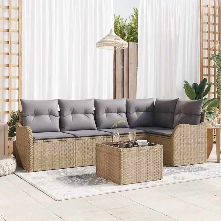 Set Divano da Giardino vidaXL a L in Polyrattan Beige con 6 Pezzi, Tavolino e Contenitore per Cuscini