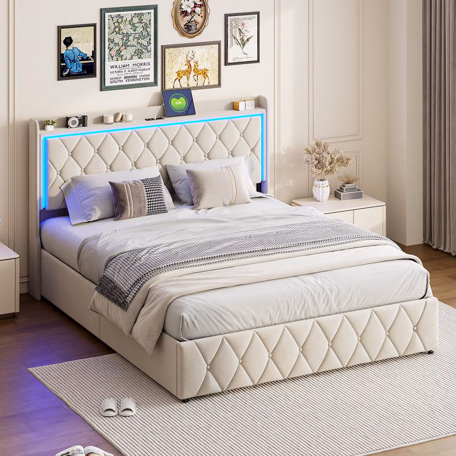 Letto matrimoniale imbottito, 140 x 190 cm, con testata a LED, funzione di ricarica USB, velluto, beige