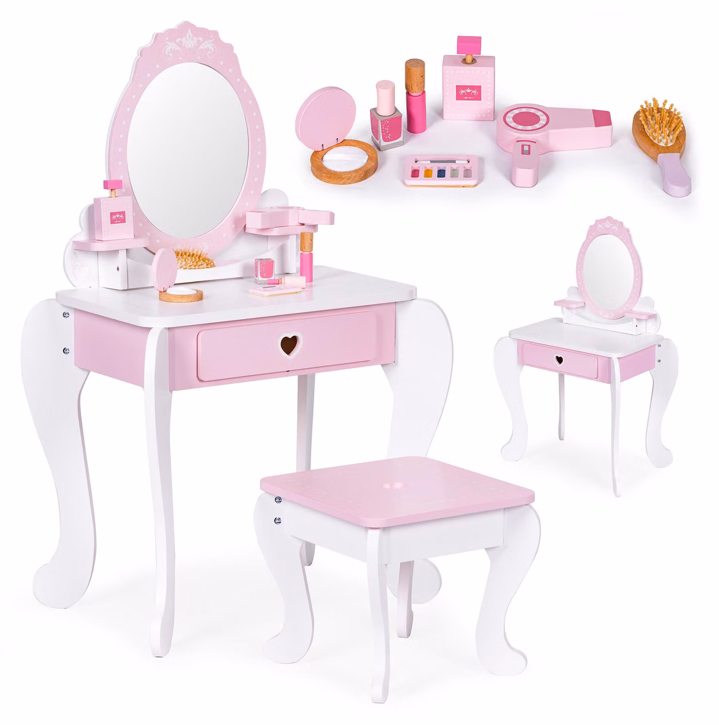 Comò giocattolo per bambini, grande, con specchio, sgabello e 7 accessori, marca ECOTOYS