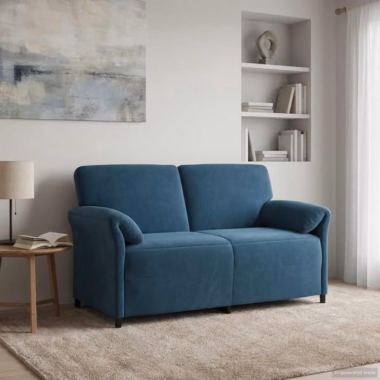 Divano a 2 posti vidaXL in velluto blu con struttura in metallo e cuscini inclusi L/P/H: 158 x 83 x 95 cm