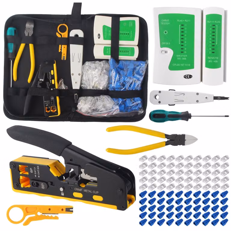 Solidchoice - Kit completo per la realizzazione di reti, con funzione di crimpatura RJ45 e 50 connettori