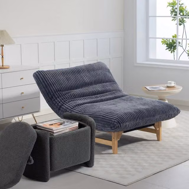 Poltrona pouf per adulti con schienale e imbottitura morbida in velluto a coste grigio 84 × 62 × 22 cm