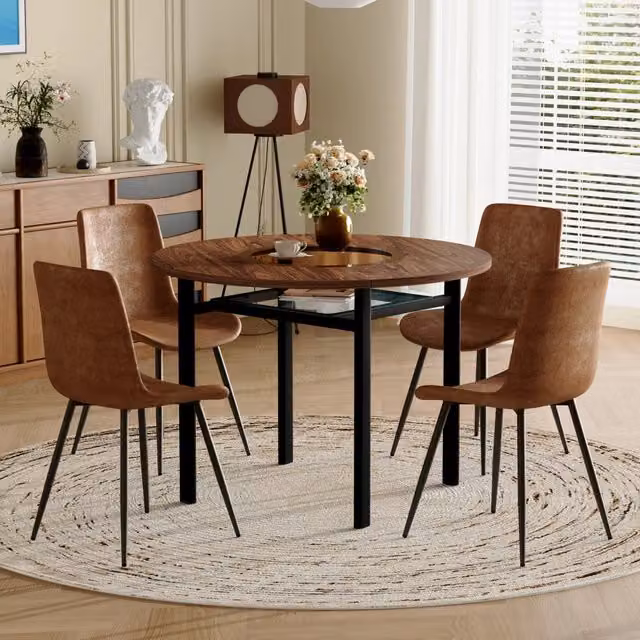 Set tavolo rotondo 100 cm con inserto in vetro e 4 sedie in tessuto marrone