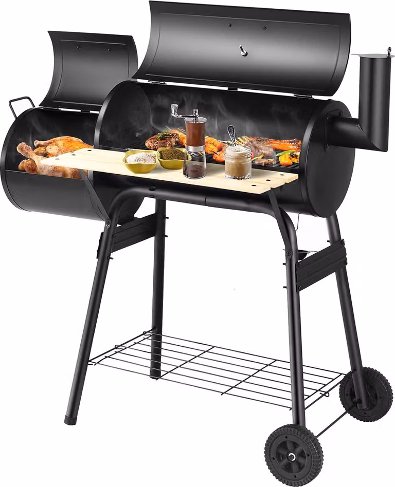 Carrello per barbecue a carbonella COSTWAY con coperchio, affumicatore e grill 2 in 1 con ruote, termometro, focolare laterale, tavolo laterale e ripiano