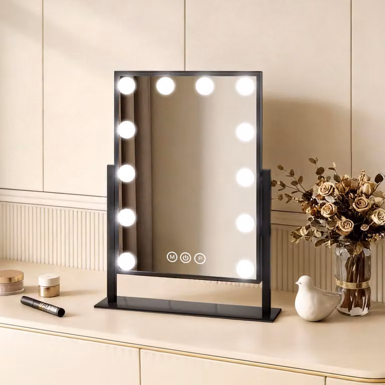EMKE Hollywood specchio per il trucco 85x364x475mm con specchio d'ingrandimento 7x, nero Specchio per il trucco con touchscreen intelligente e 3 colori di luce, 12 luci LED dimmer, ruotabile a 360° e funzione memoria