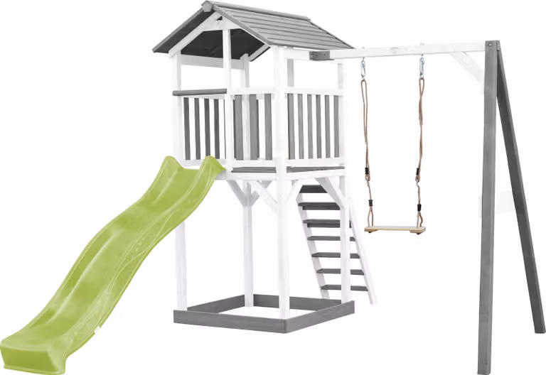 AXI Beach Tower parco giochi in legno in grigio e bianco | Torre di gioco per bambini con sabbiera, altalena e scivolo verde lime | Casa per bambini su palafitte per il giardino