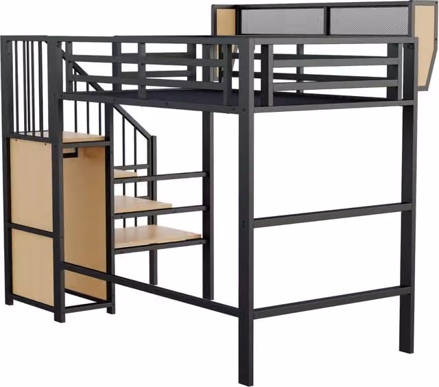 Letto a soppalco 90x200 in metallo con scala di sicurezza e ripiano modulabile, nero
