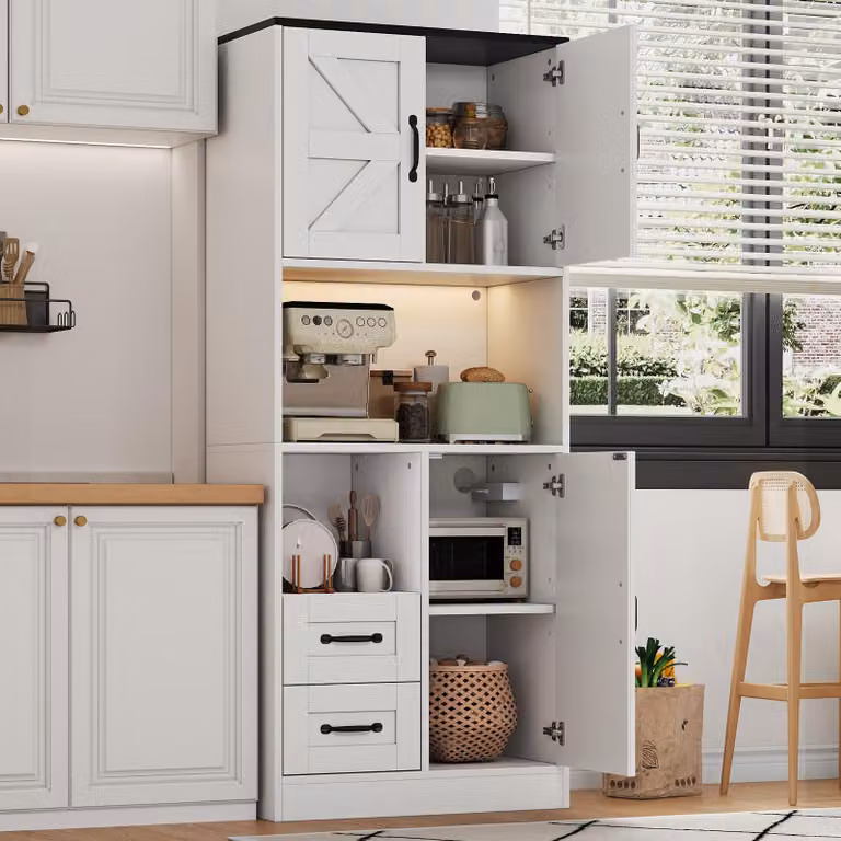 MODFU, mobiletto alto 72 x 40 x 173 cm, armadietto da cucina con LED RGB e controllo tramite app, mobiletto multiuso con prese, 3 ante a battente e 2 cassetti, colore bianco