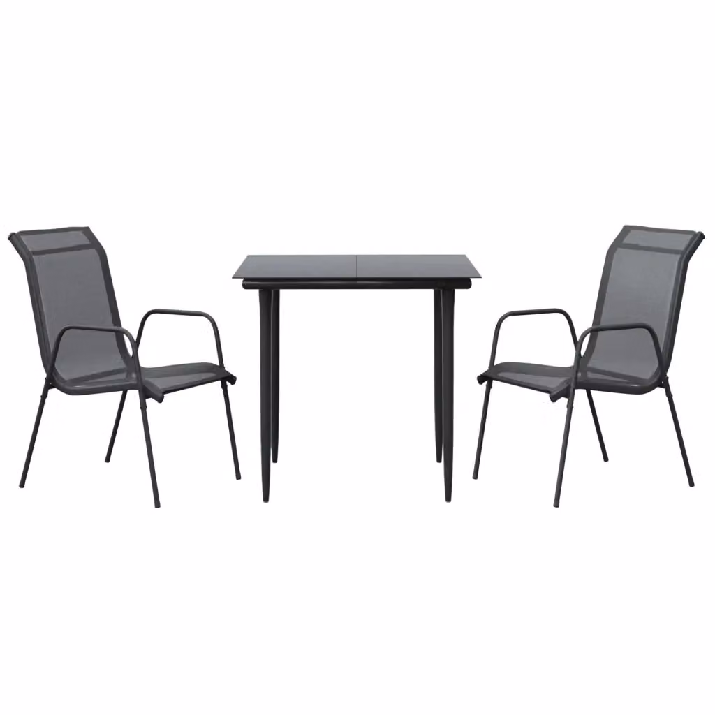 Set da pranzo da giardino moderno vidaXL in acciaio verniciato nero e vetro, composto da 3 pezzi – 2