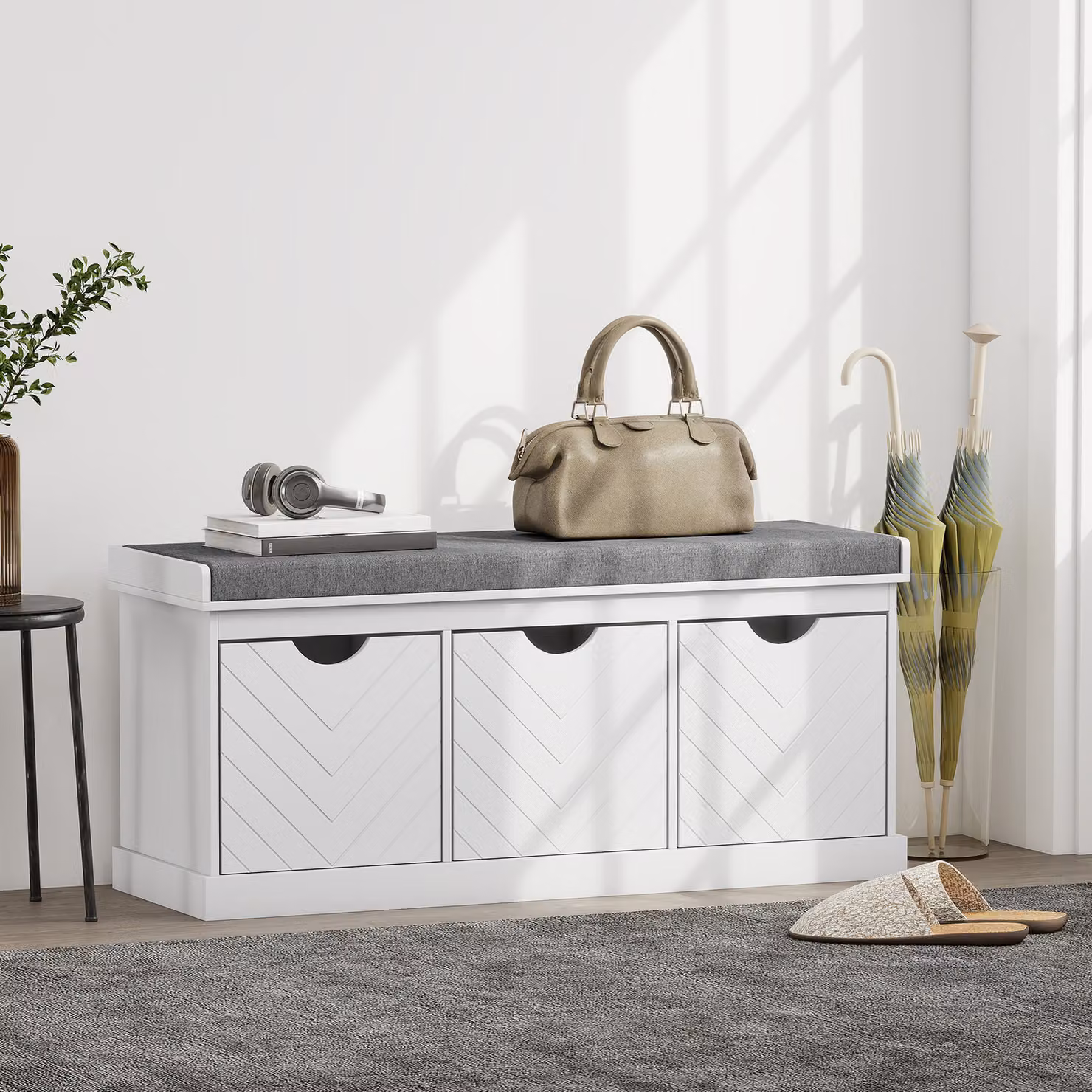 Panca porta scarpe HOMCOM con 3 cassetti e cuscino imbottito in tessuto, colore bianco – 2
