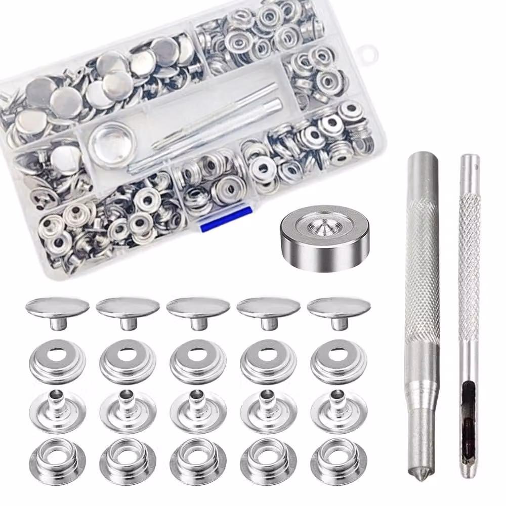 Set di bottoni a pressione, 200 pezzi, diametro 15 mm, in acciaio inossidabile, con 3 strumenti
