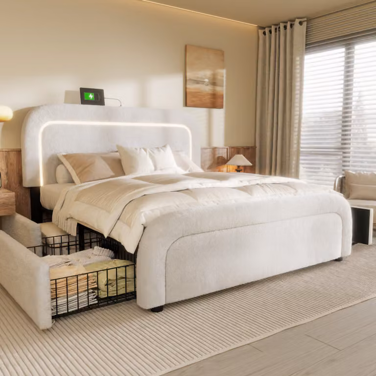 Letto imbottito Flieks 140x200cm con 4 cassetti, letto matrimoniale letto giovanile con rete a doghe, letto in legno letto contenitore letto classico, lana di pecora, bianco