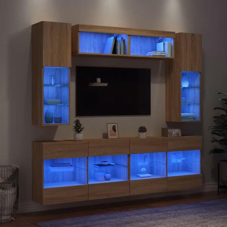 Set di mobili TV a muro da 6 pezzi vidaXL con luci LED in finitura rovere sonoma e marrone opaco