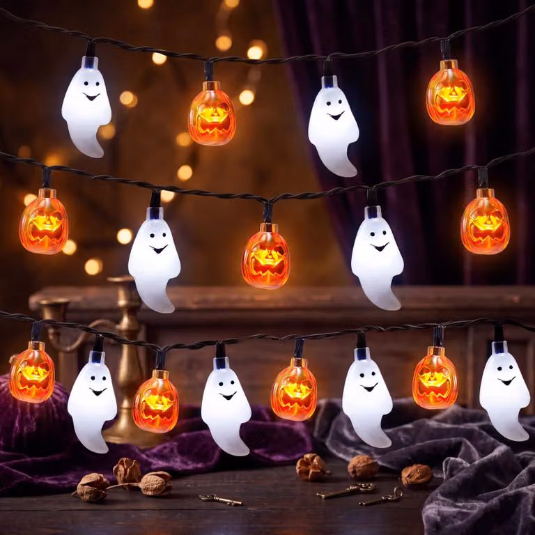 Catena luminosa a LED per Halloween, 6 metri, 30 LED, arancione/bianco, alimentata a batteria