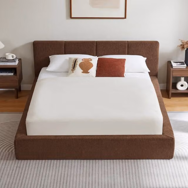 Letto matrimoniale con testiera imbottita e telaio in acciaio rinforzato, senza rete, marrone, 160x200 cm