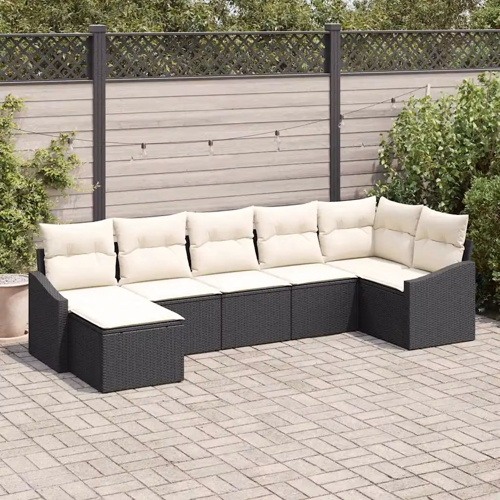 Set di divani da giardino vidaXL in rattan nero con cuscini beige e tavolino da esterno – 1