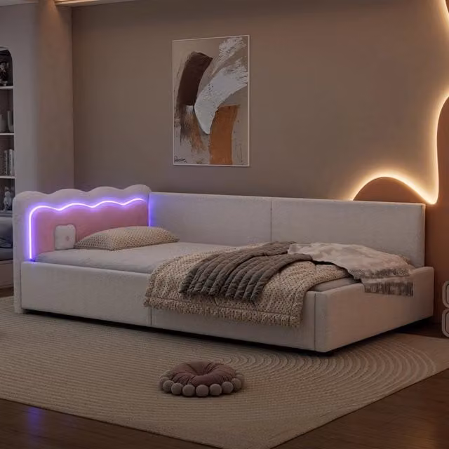 Letto da giorno moderno REDOM in tessuto velvet bianco con illuminazione LED sotto il letto L/P: 90 x 200 cm
