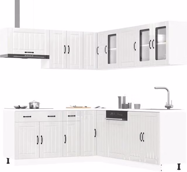 Set Mobili da Cucina vidaXL Bianco Lucido in MDF e Legno con Ante a Battente
