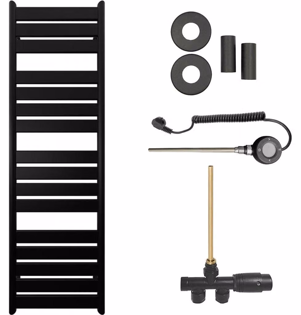 CERANO - Set radiatore da bagno Arturo - riscaldamento combinato, asta Wi-Fi - attacco laterale a punto singolo - 859 W - nero opaco - 1600 x 500 mm
