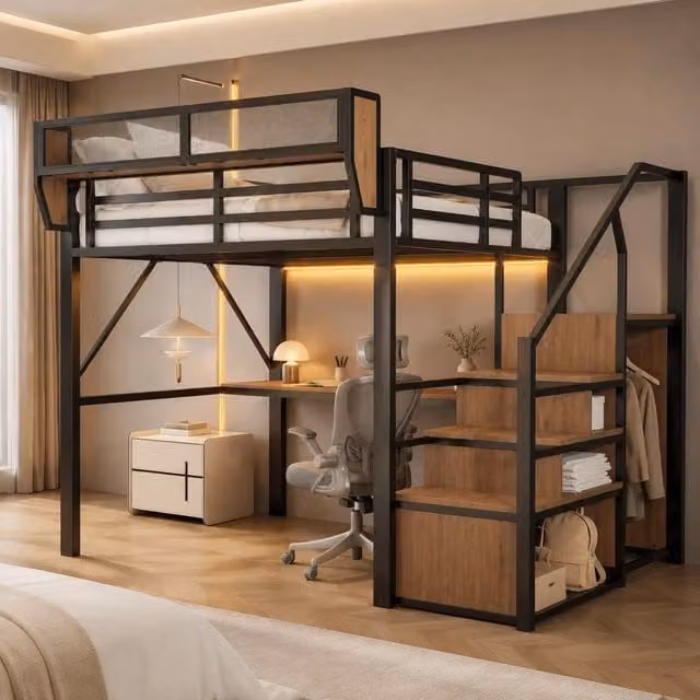 Letto a soppalco 140 × 200 cm con scrivania lunga, LED, scaffale regolabile e scala di sicurezza, senza materasso