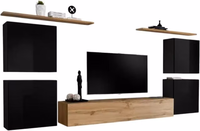 Composizione murale SWITCH IV Meublorama in Rovere e Nero lucido con mobile TV e mensole in stile industriale moderno – 1