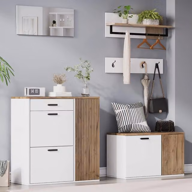 Set da ingresso 5 pezzi con scarpiera e panca in pannello di particelle bianco e naturale