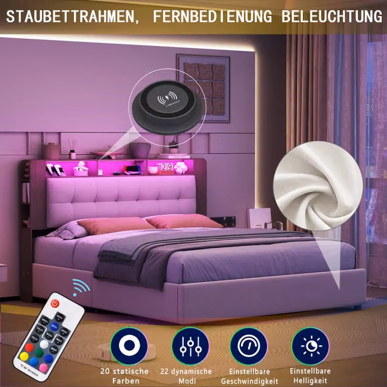 Letto imbottito 140x200 cm con rete a doghe, contenitore e illuminazione LED, in velluto, colore bianco