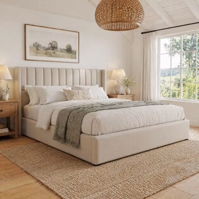 Letto matrimoniale con contenitore e alzata idraulica 140x200 cm in lino beige