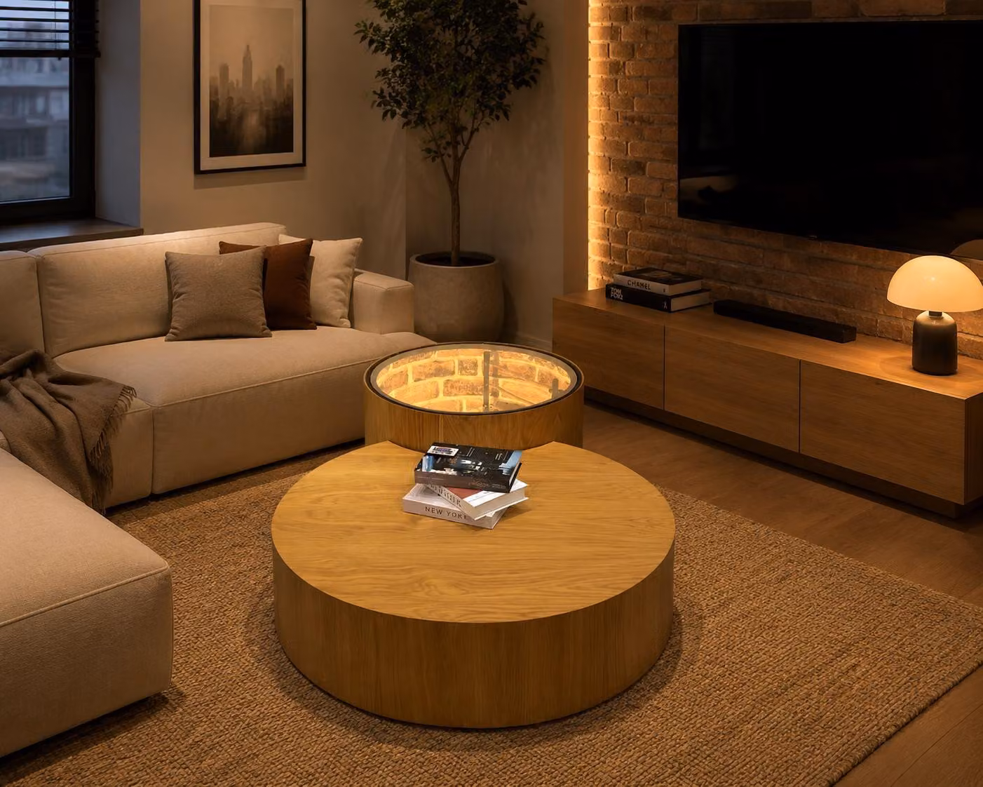 Tavolino da caffè moderno a LED, rotondo, in legno di quercia con piano in vetro, illuminato