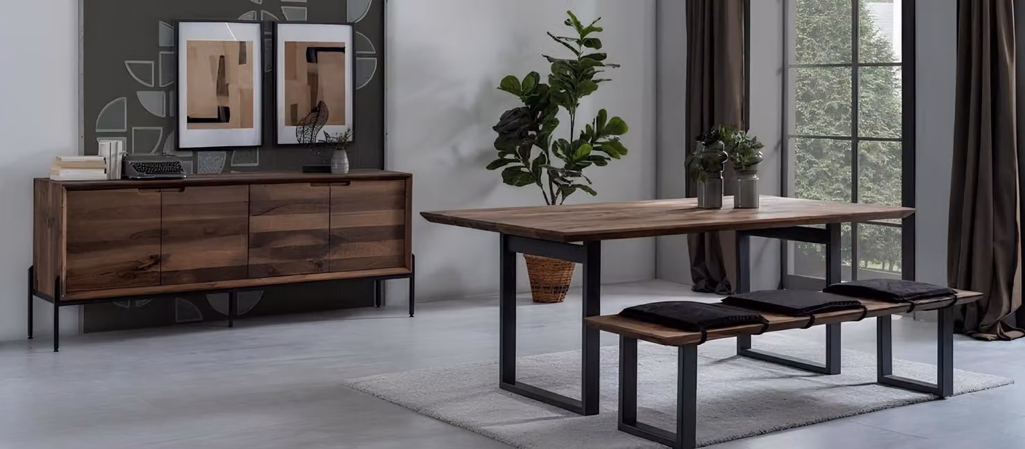 Tavolo da pranzo, panca, credenza, stile moderno, colore marrone, nuovo, legno