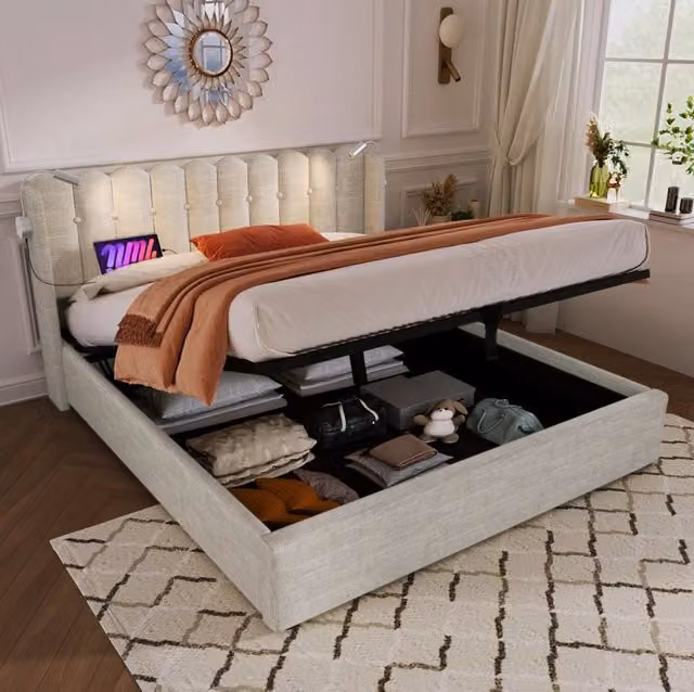 Letto matrimoniale contenitore MODFU in tessuto beige con base a sollevamento, porte USB, luci da lettura e materasso incluso, L/P: 160 x 200 cm