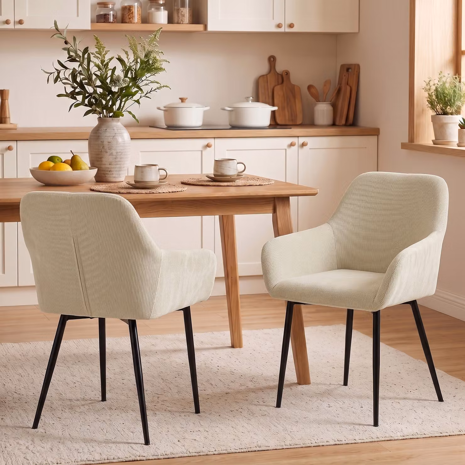 Set di 2 sedie da pranzo HOMCOM in velluto a coste con braccioli, colore beige – 2