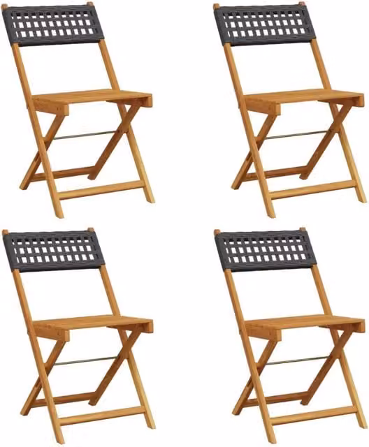 Sedie Giardino Pieghevoli 4 pz | Sedie da Esterno Nere Polyrattan e Legno Massello