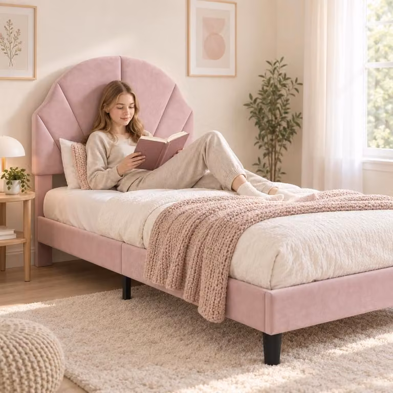 Letto singolo INONEFT, 90x200 cm, con imbottitura e poggiatesta regolabile in altezza, letto per bambini con rete a doghe, letto singolo imbottito, letto per adolescenti, tessuto in velluto, colore rosa