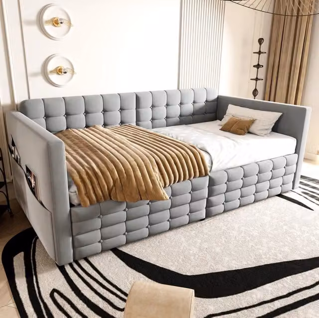 Letto imbottito 90x190 cm con contenitore e tasche in velluto grigio chiaro