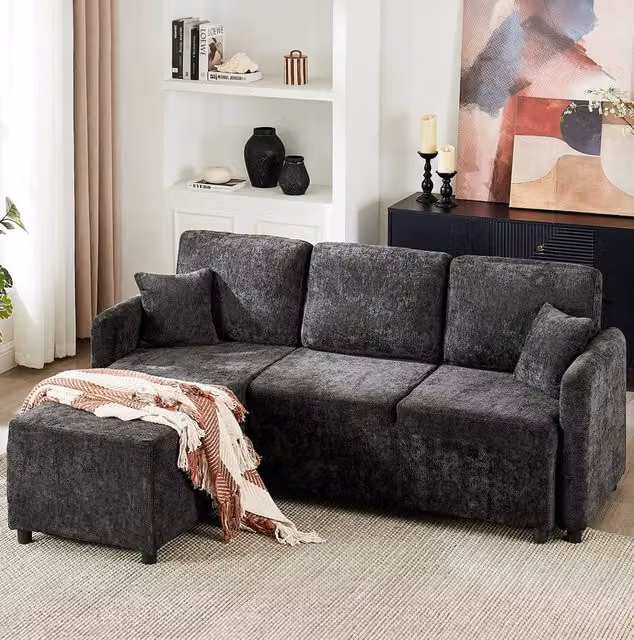 Divano angolare ULEVR 3 posti 187,5x144 cm con chaise longue, rivestimento in ciniglia nero e 2 cuscini