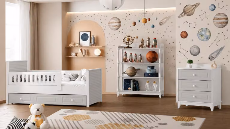 Set per cameretta per bambini: lettino e cassettiera, colore bianco e grigio